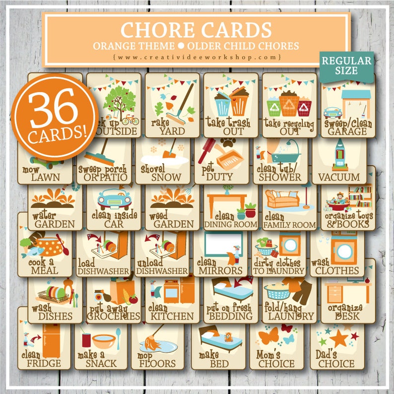 Printable Chore Playing cards for More mature Young children, Orange, 36 Playing cards and Chart, Print at Residence photo relating to Printable Chore Cards identified as Printable Chore Playing cards for More mature Young children, Orange, 36 Playing cards and Chart, Print at House