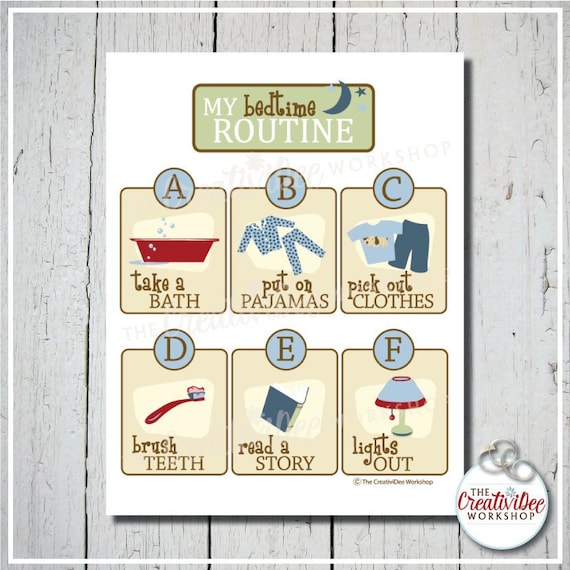 Bedtime Routine Chart for Kids, Printable Evening Routine, Blue, Instant Download