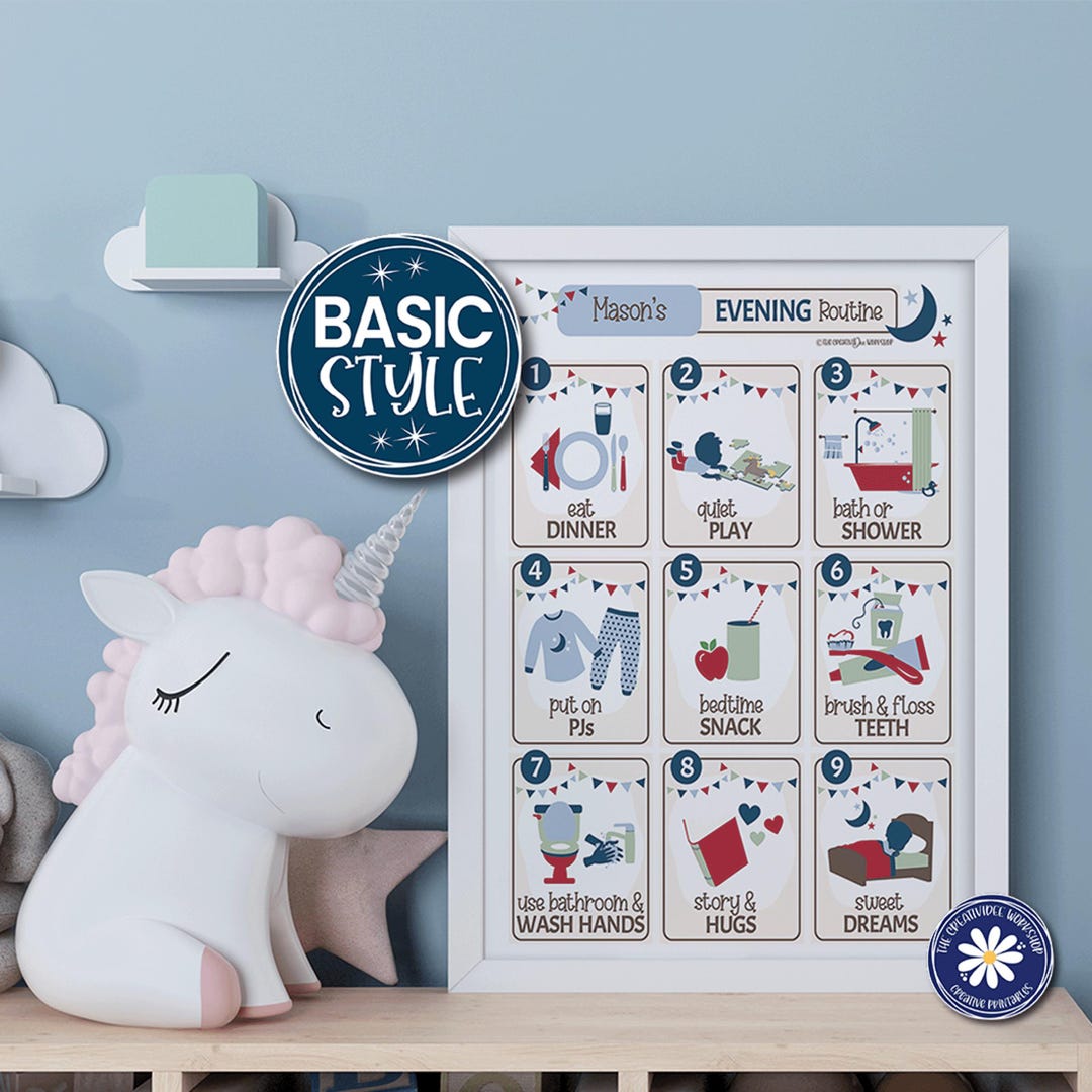 Boy's Evening Routine Chart, Blue Personalized Bedtime Checklist ...