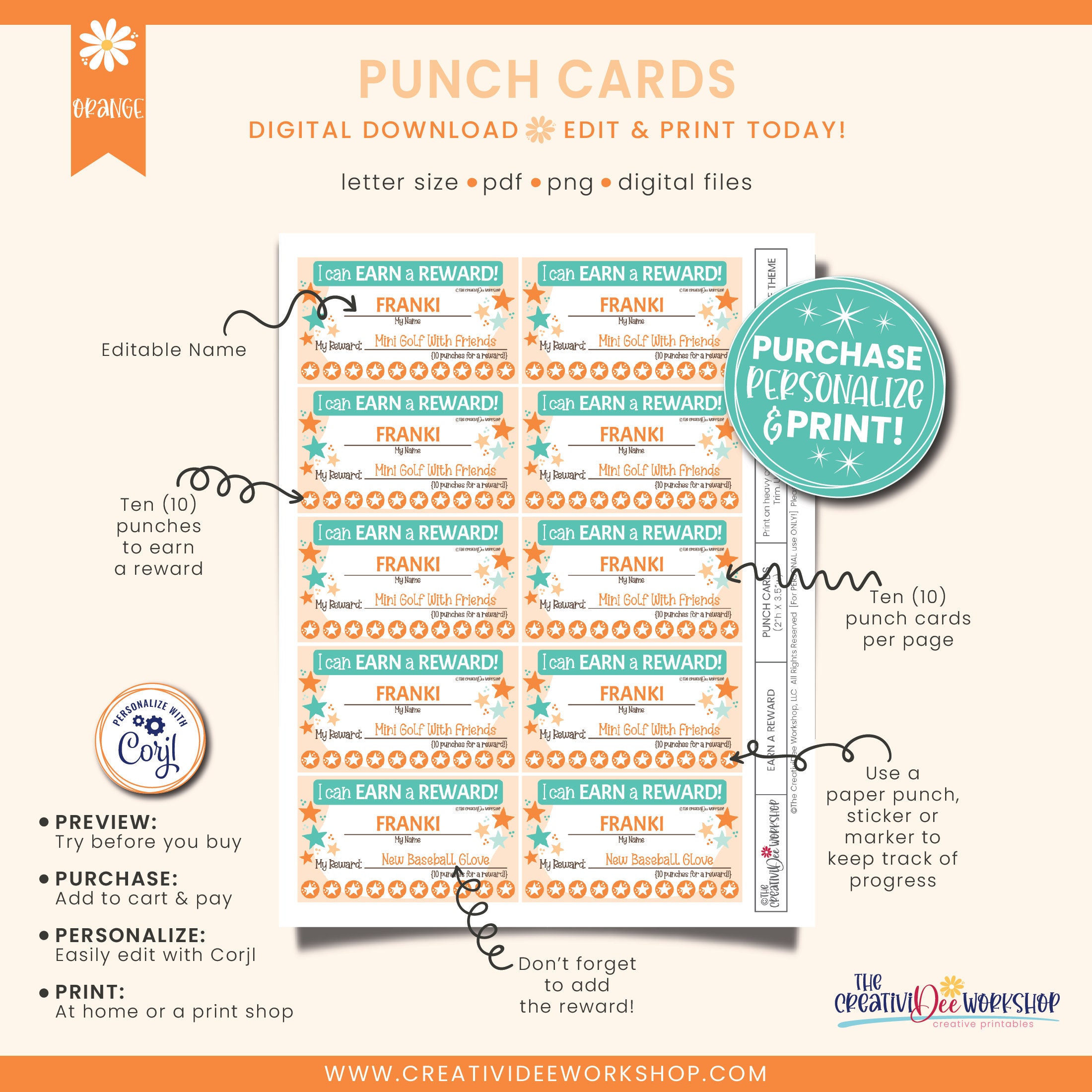 Printable Reward Punch Card for Children, Incentive for Kids, Orange ...
