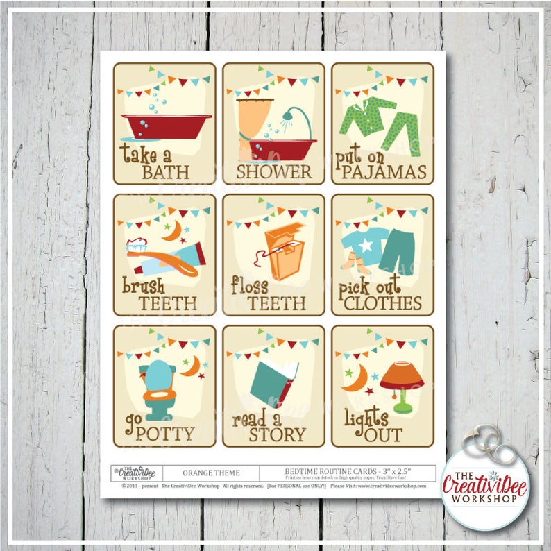 Bedtime Routine Cards for Children, 18 Total Cards, Orange Theme, Evening, Nighttime, Instant Download image 5