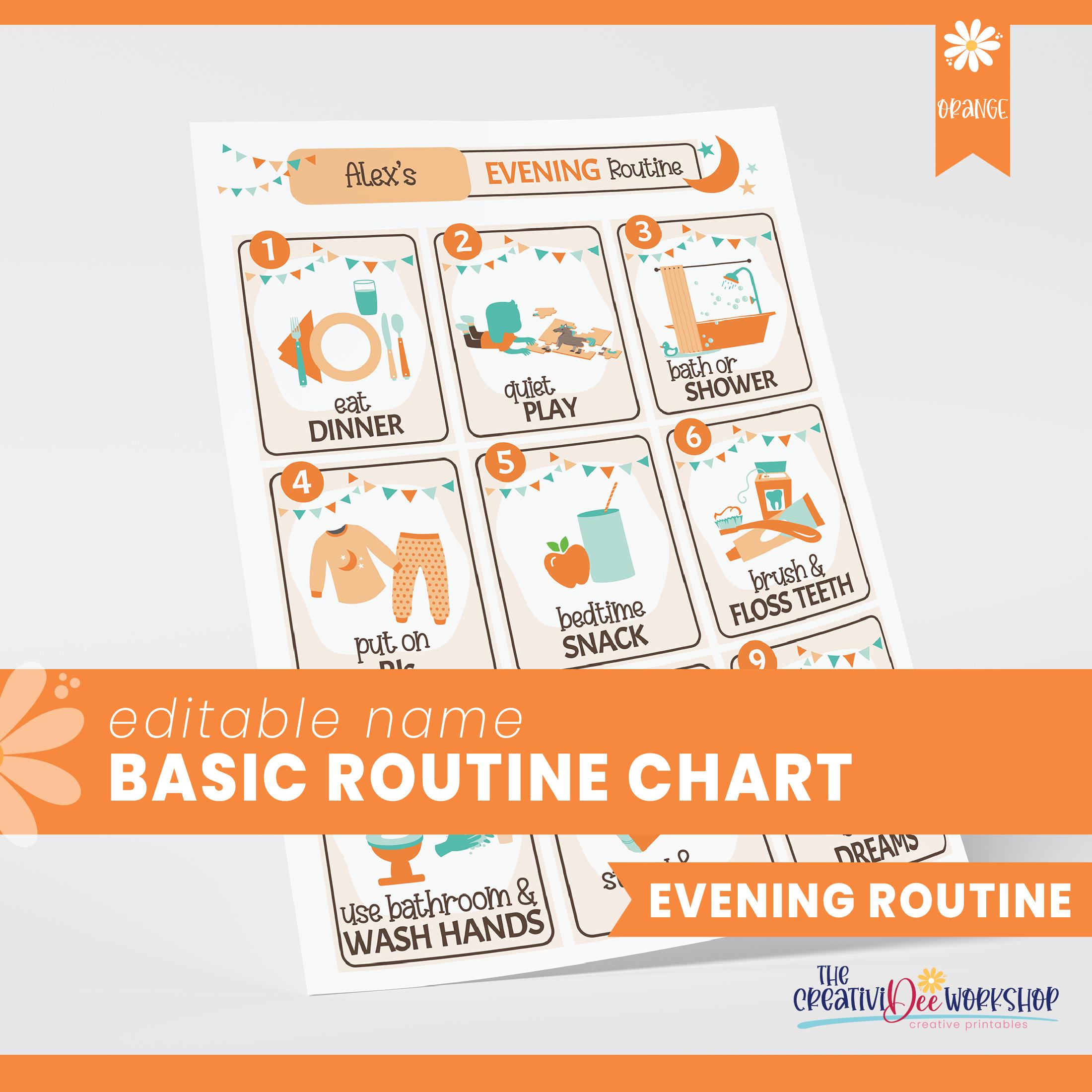 Orange Evening Routine Chart for Kids, Personalized Printable Checklist ...