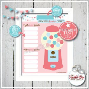 REWARD CHART Gumball Reward Chart Bubblegum Reward Chart Children's Charts Pink Printable Charts Girl's Reward Chart Editable image 2