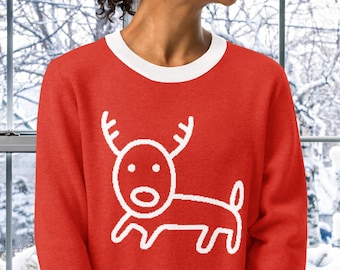 Jersey de punto con cuello redondo y estampado de renos / Jersey de invierno acogedor, jersey navideño unisex.