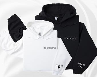 Sudadera con capucha bordada con coordenadas GPS personalizadas / Regalo personalizado para pareja