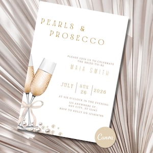 Pearls and Prosecco Bridal Shower Invitation Template | Editable Champagne Theme Invite | Printable Digital Download