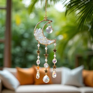 Crystal Suncatcher Golden Moon Pendant, Colorful Crystal Sun Catcher Decoration For Garden And Window