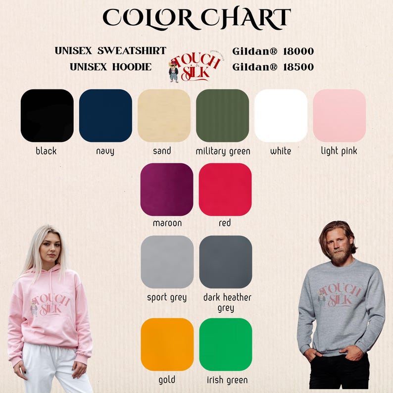 May include: Color chart for unisex sweatshirts and hoodies, featuring a range of colors including black, navy, sand, military green, white, light pink, maroon, red, sport grey, dark heather grey, gold, and irish green. The image also shows a light pink hoodie and a grey sweatshirt.