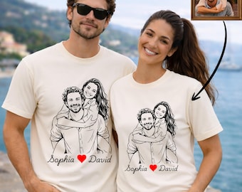 Custom Couple Portrait T Shirt From Photo, Personalized Comfort Colors Valentine Tee With Names, Line Art Couple Gift