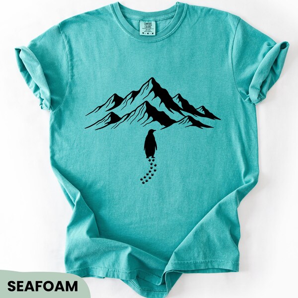Lonely Penguin Art Shirt, Minimalist Penguin Mountain Comfort Colors® T-Shirt, Viral Meme Motivational Tee, Aesthetic Adventure Top