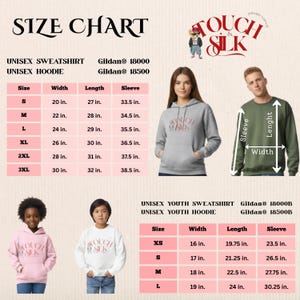 May include: Size chart for unisex sweatshirts and hoodies, including youth sizes. Measurements are in inches for width, length, and sleeve length. The chart includes sizes S, M, L, XL, 2XL, and 3XL for adults and XS, S, M, and L for youth.
