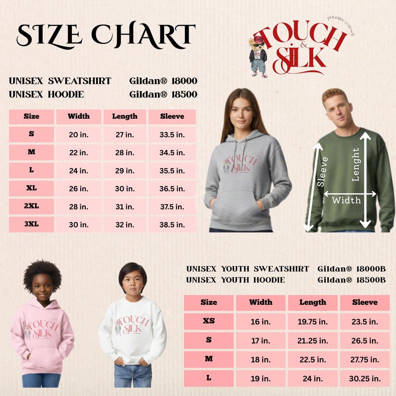 May include: Size chart for unisex sweatshirts and hoodies, including youth sizes. Measurements are in inches for width, length, and sleeve length. The chart includes sizes S, M, L, XL, 2XL, and 3XL for adults and XS, S, M, and L for youth.