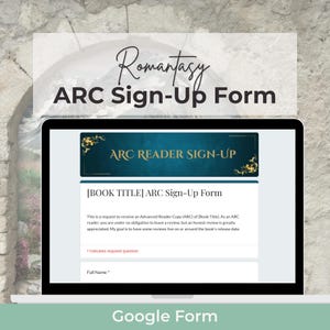Könnte beinhalten: Ein Laptop zeigt ein Anmeldeformular für eine Advanced Reader Copy (ARC) des Buches "Romantasy". Das Formular, gehostet auf Google Forms, bittet um Informationen für Leser, die an einer Vorabversion interessiert sind.