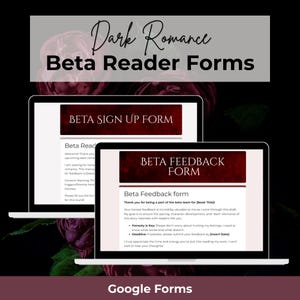 Könnte beinhalten: Zwei Laptops zeigen "Beta-Reader-Formulare" mit dem Titel "Dark Romance". Ein Bildschirm zeigt ein "Beta-Anmeldeformular", der andere ein "Beta-Feedback-Formular". Die Formulare befinden sich auf einem dunklen Hintergrund mit floralen Akzenten.