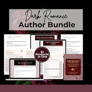 May include: A digital bundle for authors titled Dark Romance Author Bundle, featuring multiple documents including an Indie Author Toolkit, beta sign-up and feedback forms, a plot idea generator, and a character development workbook with a lock icon.