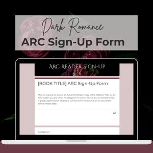 Puede incluir: Una pantalla de portátil muestra un formulario de inscripción para una copia de lector avanzado (ARC) del libro "Dark Romance". El formulario solicita una reseña honesta e incluye un campo para el nombre completo del lector.