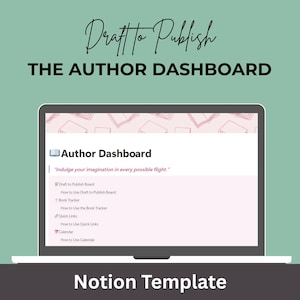 May include: A laptop displays a Notion template titled "The Author Dashboard." The screen shows a pink and white interface with text including "Draft to Publish Board" and "Book Tracker." The background is a light green with the words "Draft to Publish" at the top.