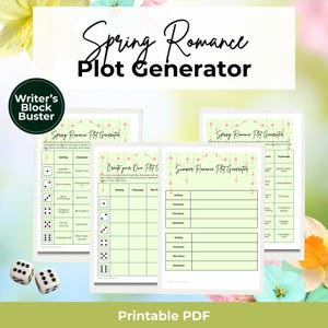 Könnte beinhalten: Ein druckbarer PDF-Frühlingsromanzen-Plot-Generator mit hellgrünem Hintergrund und rosa Blumenakzenten. Das Dokument enthält Tabellen für Schauplatz, Charakter, Handlungspunkt und Dynamik sowie zwei weiße sechsseitige Würfel mit schwarzen Punkten.