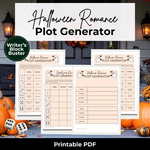 May include: A printable PDF Halloween Romance Plot Generator set featuring light peach pages with black text, ghost illustrations, and dice-based tables for story creation. The sheets include columns for setting, character, plot point, and dynamics.