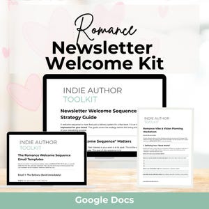 Peut inclure: Un kit de marketing numérique pour les auteurs de romans. Le kit comprend un ordinateur portable et deux tablettes affichant le "Indie Author Toolkit" avec des guides pour les newsletters, des modèles d'e-mails et une feuille de travail de planification de la vision. Le titre "Romance Newsletter Welcome Kit" est en haut.