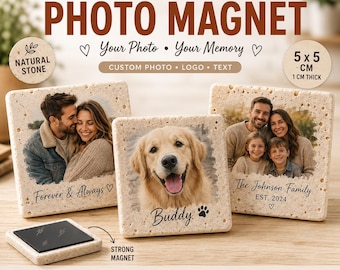 Personalized Photo Magnet, Custom Picture Fridge Magnet, Natural Stone Family Pet Gift