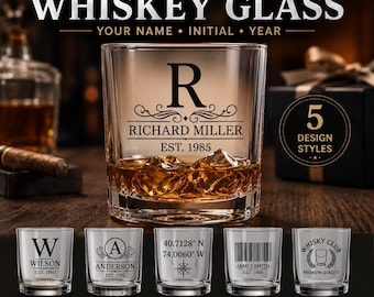 Personalized Whiskey Glass for Him, Custom Name Monogram Bourbon Glass, Birthday Gift