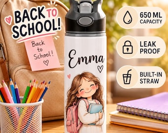 Personalized Water Bottle with Straw, Custom Name, 650ml Aluminum Tumbler, School Sports Gift