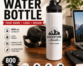Personalized Water Bottle, Custom Name or Logo, 800ml Aluminum Sports Flask, Gym & Corporate Gift