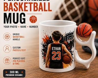Personalized Basketball Mug, Custom Player Photo Cup, Basketball Handle, Name Number Sports Gift