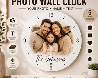 Personalized Photo Wall Clock, Custom Family Picture, Wooden MDF Clock, Anniversary Housewarming Gift