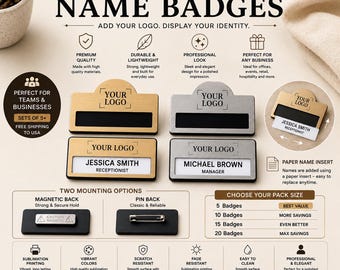 Custom Logo Name Badge, Employee Name Tag, Personalized Business, Magnetic or Pin Back