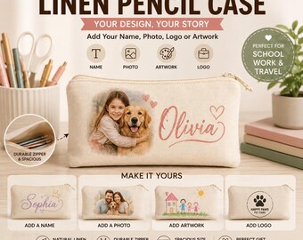 Personalized Linen Pencil Case, Custom Pencil Pouch, Photo Name Logo, Back to School Gift