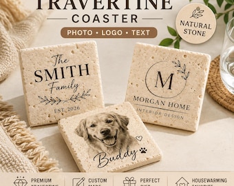 Personalized Travertine Coaster, Custom Photo Logo or Text, Natural Stone Housewarming Gift