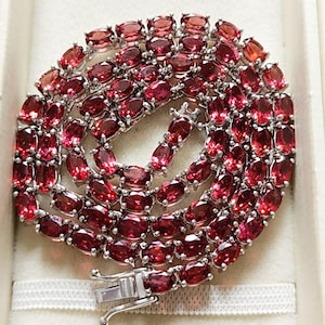 Oval cut Natural Garnet Tennis Necklace In Sterling Silver. Birthstone Necklace. Natural Gemstone Tennis Necklace.