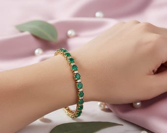 Natural Emerald Moissanite Tennis Bracelet | Sterling Silver May Birthstone Jewelry