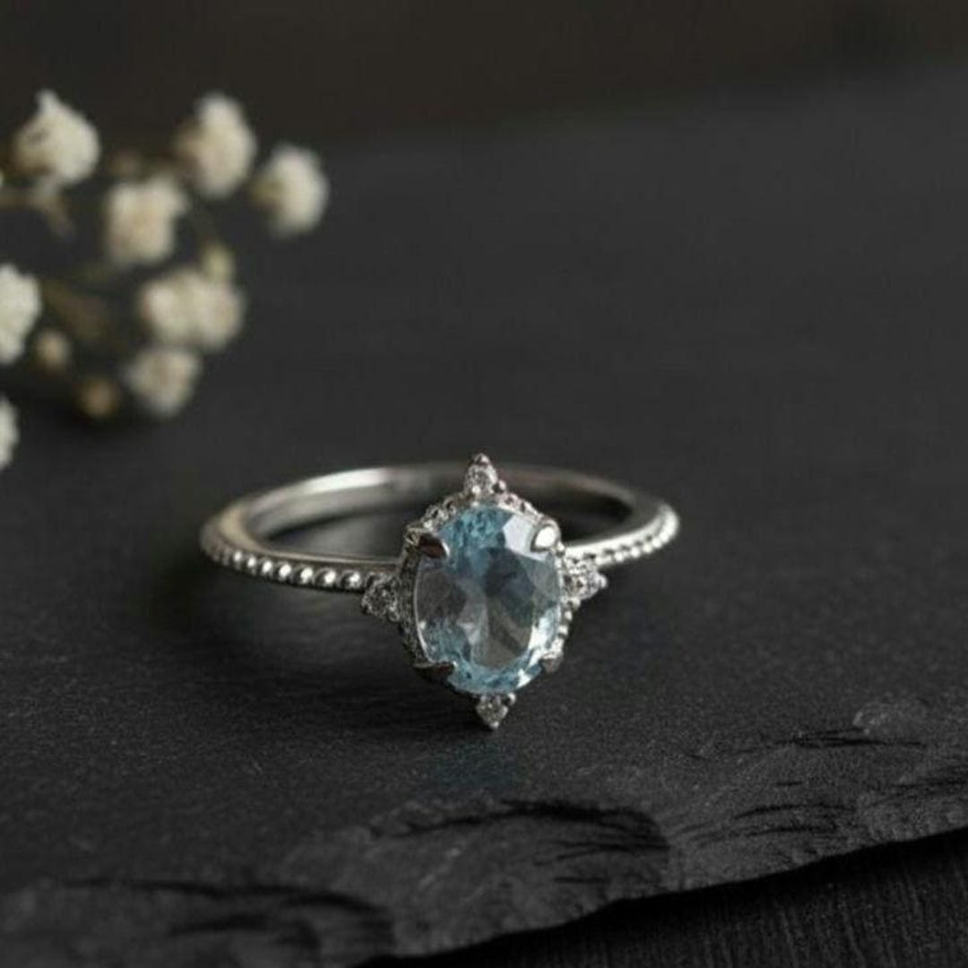 Natural Oval Blue Topaz Ring With Moissanite Accents | 925 Sterling ...