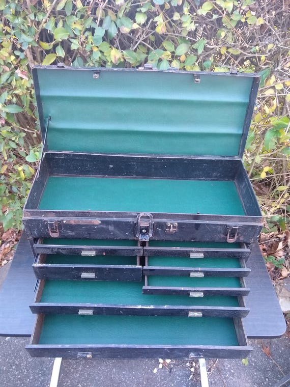 US ビンテージ メタルチェスト WW2 Era Kennedy Machinists Tool Box With Green Vinyl Pleatherette
