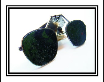 Vintage Clip On Flip Up Welding Glasses Heavily Scorched Dark Green Lenses