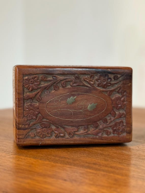 Carved Wood Flower Leaf Inlay Trinket Jewelry Box