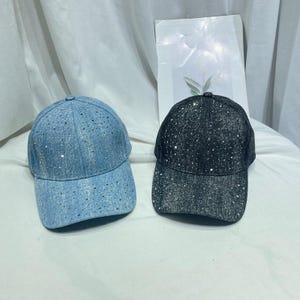 Sparkly Rhinestone Denim Baseball Cap Women Bling Jean Hat Casual Adjustable Sun Hat Everyday Fashion