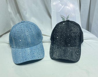 Sparkly Rhinestone Denim Baseball Cap Women Bling Jean Hat Casual Adjustable Sun Hat Everyday Fashion