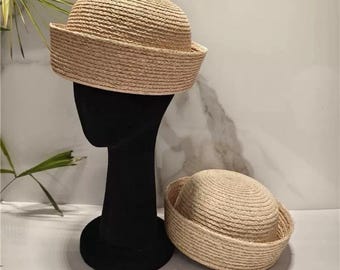 Natural Raffia Rolled Brim Hat Women Summer Sun Hat Dome Crown Woven Straw Beach Hat Vacation Hat
