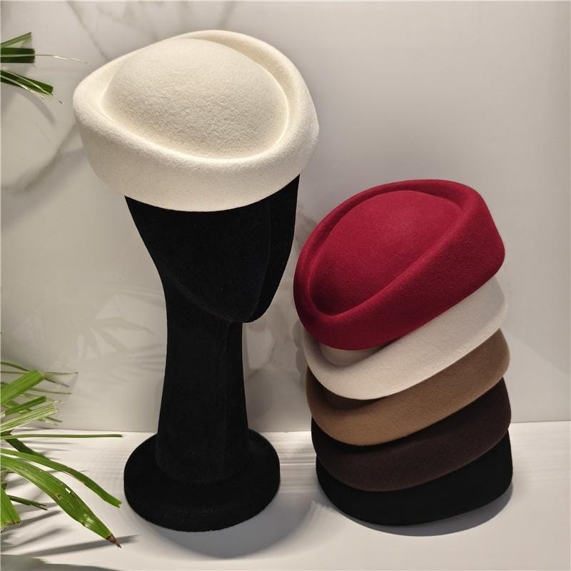 French Vintage Wool Beret Rolled Brim Sculptural Hat Elegant Pillbox Style