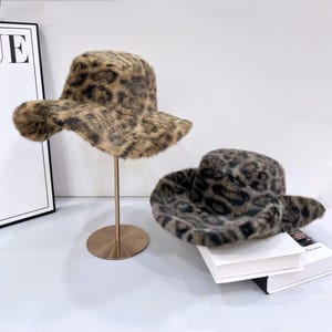 Leopard Print Faux Fur Bucket Hat Fluffy Wide Brim Winter Hat Animal Print Plush Hat for Women Statement Fashion Hat Gift for Her