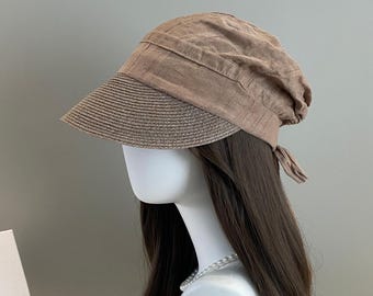 Linen Straw Brim Hat Women Tie Back Sun Hat Ponytail Friendly Hat Slouchy Summer Hat Japanese Style Hat Beach Hat Gift for Her