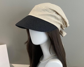 Straw Brim Headscarf Sun Hat Women Slouchy Turban Visor Cap UV Protection Summer Hat Tie Back Ponytail Friendly Japanese Style Bandana Hat