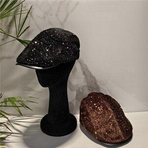 Sparkly Sequin Newsboy Cap Women Rhinestone Beret Hat Short Brim Painter Hat Glam Vintage Cabbie Hat