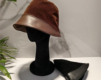 Suede Leather Bucket Hat Velvet PU Patchwork Fisherman Hat Autumn Winter Hat Vintage Brown Hat Luxury Bucket Hat Windproof Hat Y2K Hat