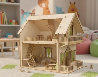 Victorian Dollhouse SVG | Wooden Chalet Mansion Laser Cut Files | 3-Story Miniature Home DXF, DIY Plywood Toy Plan, Girls Birthday Gift Idea