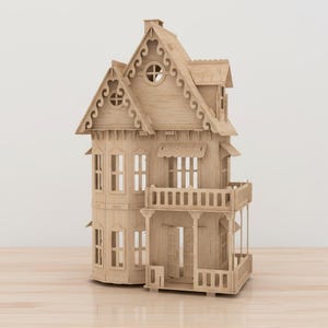 Archivo de corte láser para casa gótica en miniatura, casa encantada 3D SVG DXF, modelo arquitectónico de madera para Glowforge CNC.